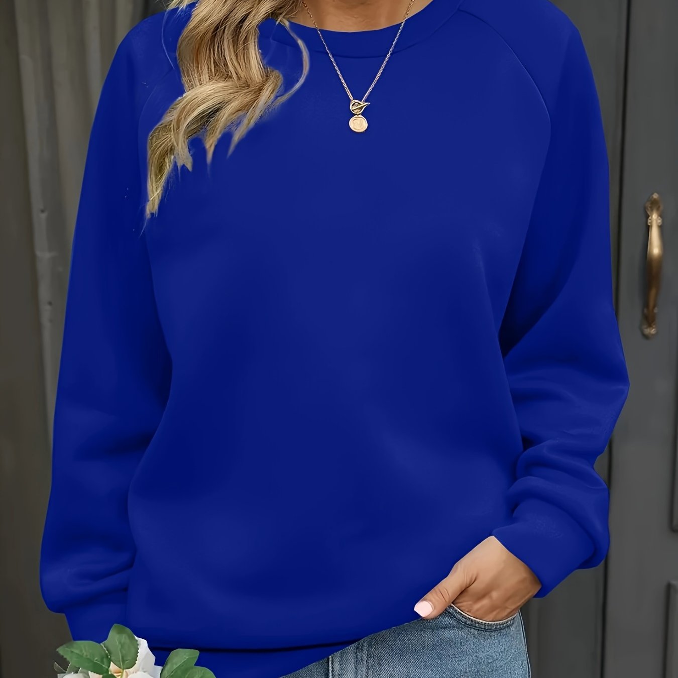 Sudadera de punto de color sólido para mujer con cuello redondo, poliéster y spandex, otoño e invierno
