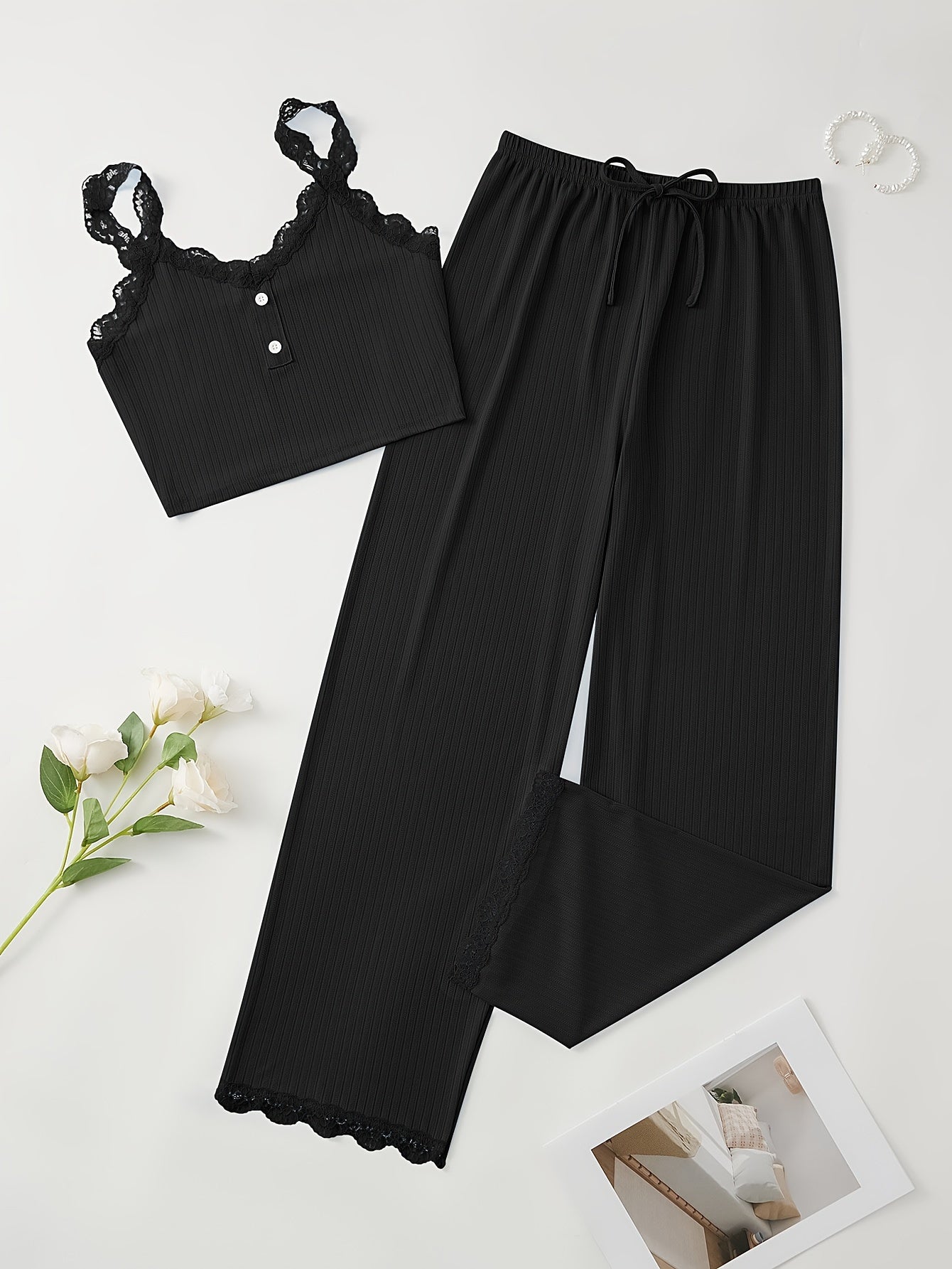 Women's Loungewear Set with Lace Trim Crew Neck Cami Top and Lace-Up Pants