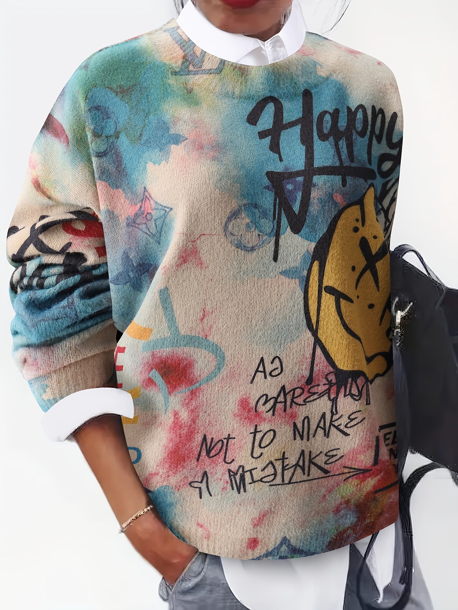 Plus Size Floral Pattern Crew Neck Sweatshirt with Long Sleeves and Slight Stretch