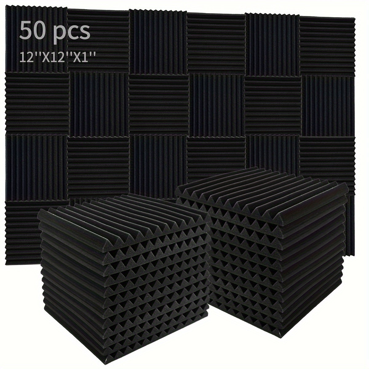 50 Pack Wedge Acoustic Foam Panels for Recording Studios Fireproof Sound Absorption Sponge Black 2.54cm x 30.48cm