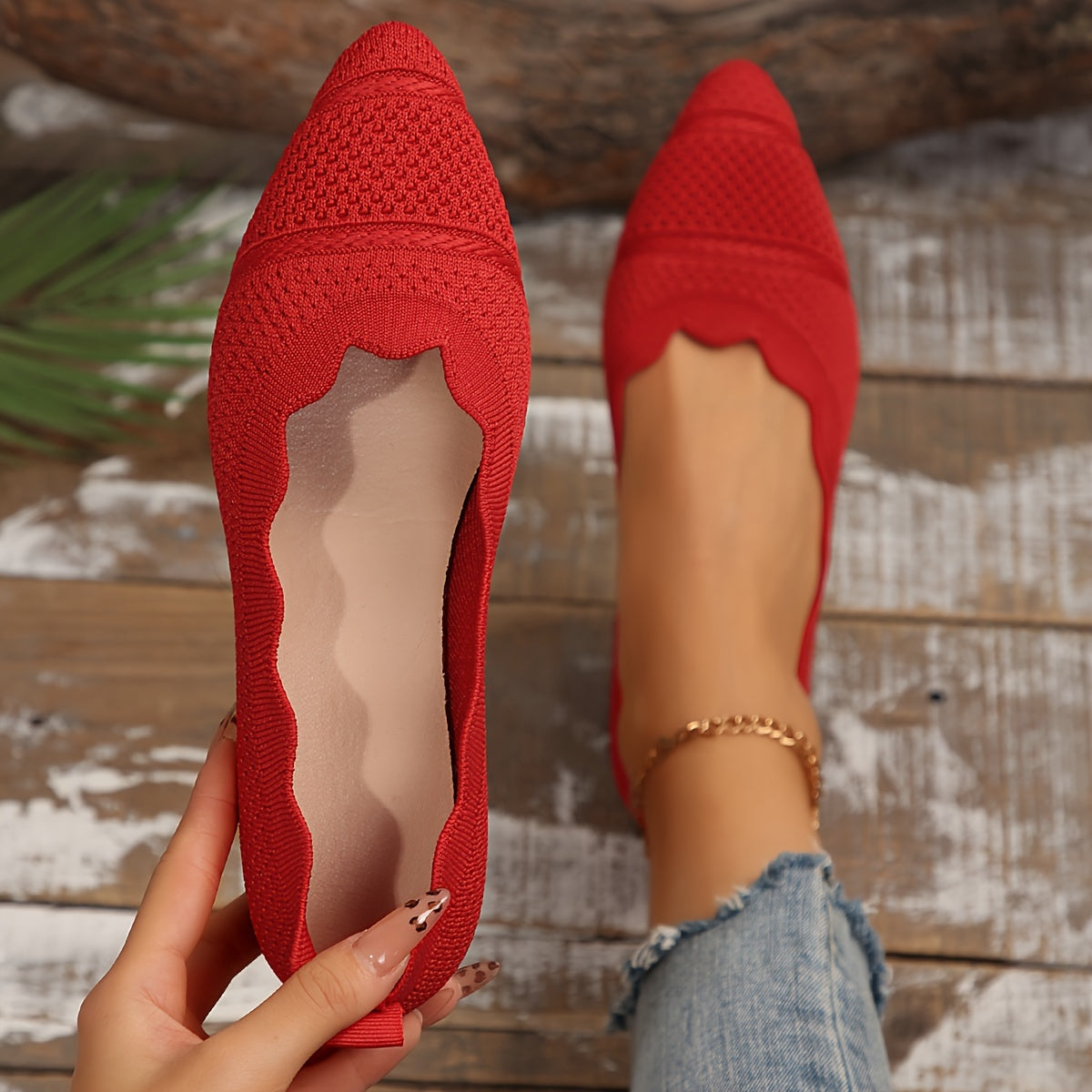 Women’s Ballet Flats Casual Slip-On Knit Pointed Toe Ankle Strap Shoes