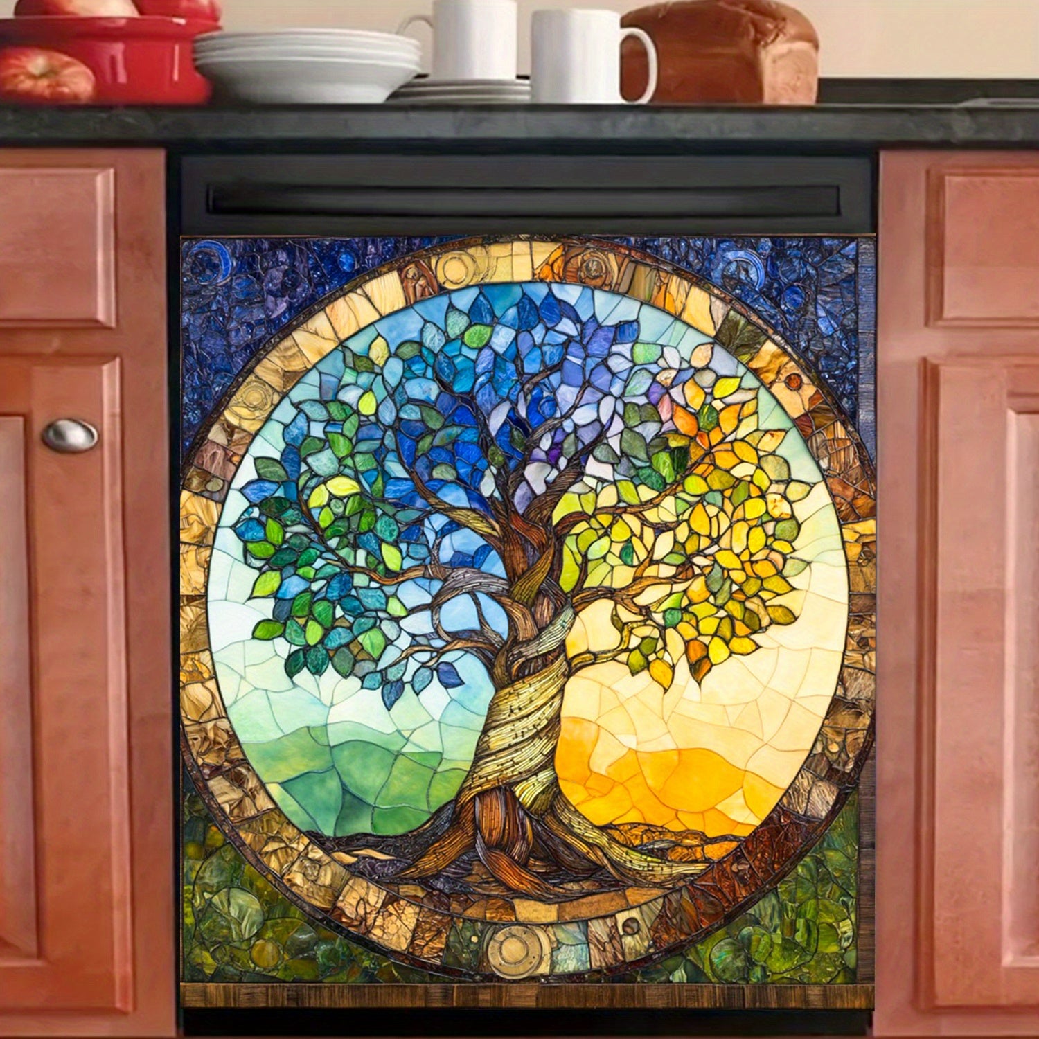 Mustahkam PVC idish-tovoq magnit bilan jonli mozaika Hayot daraxti dizayni, suv o'tkazmaydigan, issiqlikka chidamli, oson tozalash