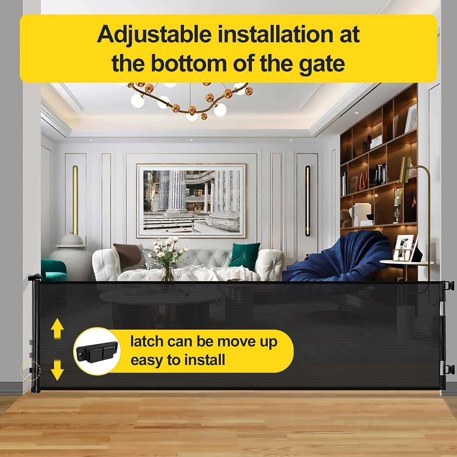 Baby Safety Gate Retractable Mesh Adjustable Height 83.82cm to 104.14cm for Doorways Stairs Hallways Indoor Outdoor