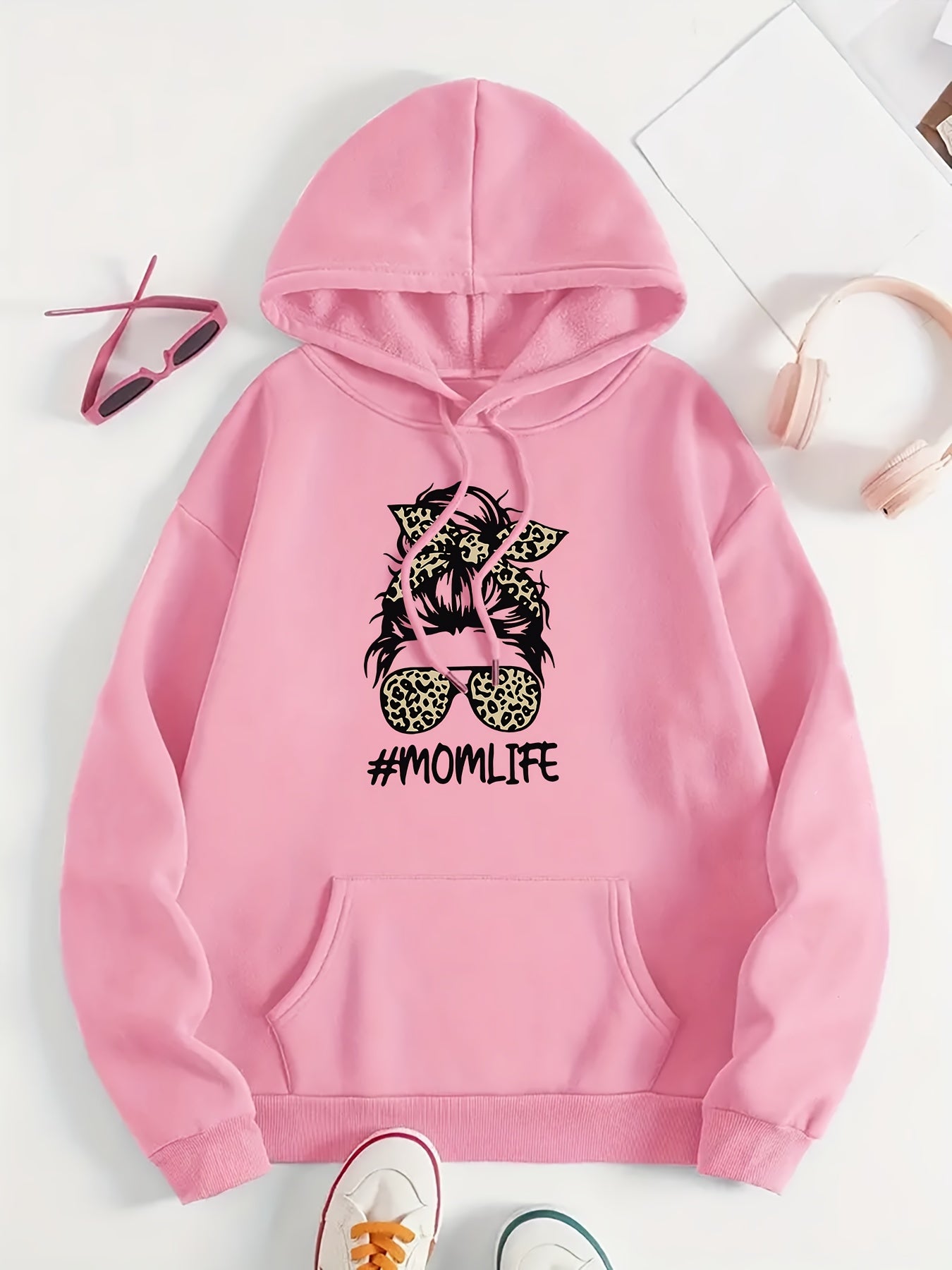 Women's Fleece Hoodie with Leopard Print Bow and Graphic Ivory Sweater