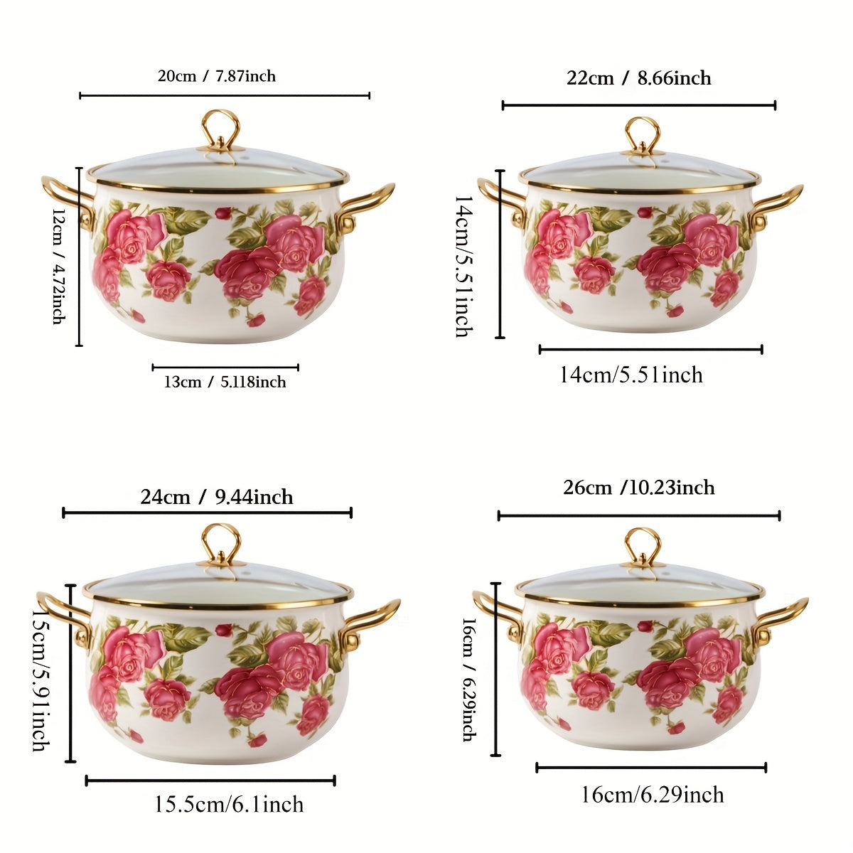 Stockpot with Gold Handle and Rose Flower Enamel Design, Includes Glass Lid, Multiple Sizes