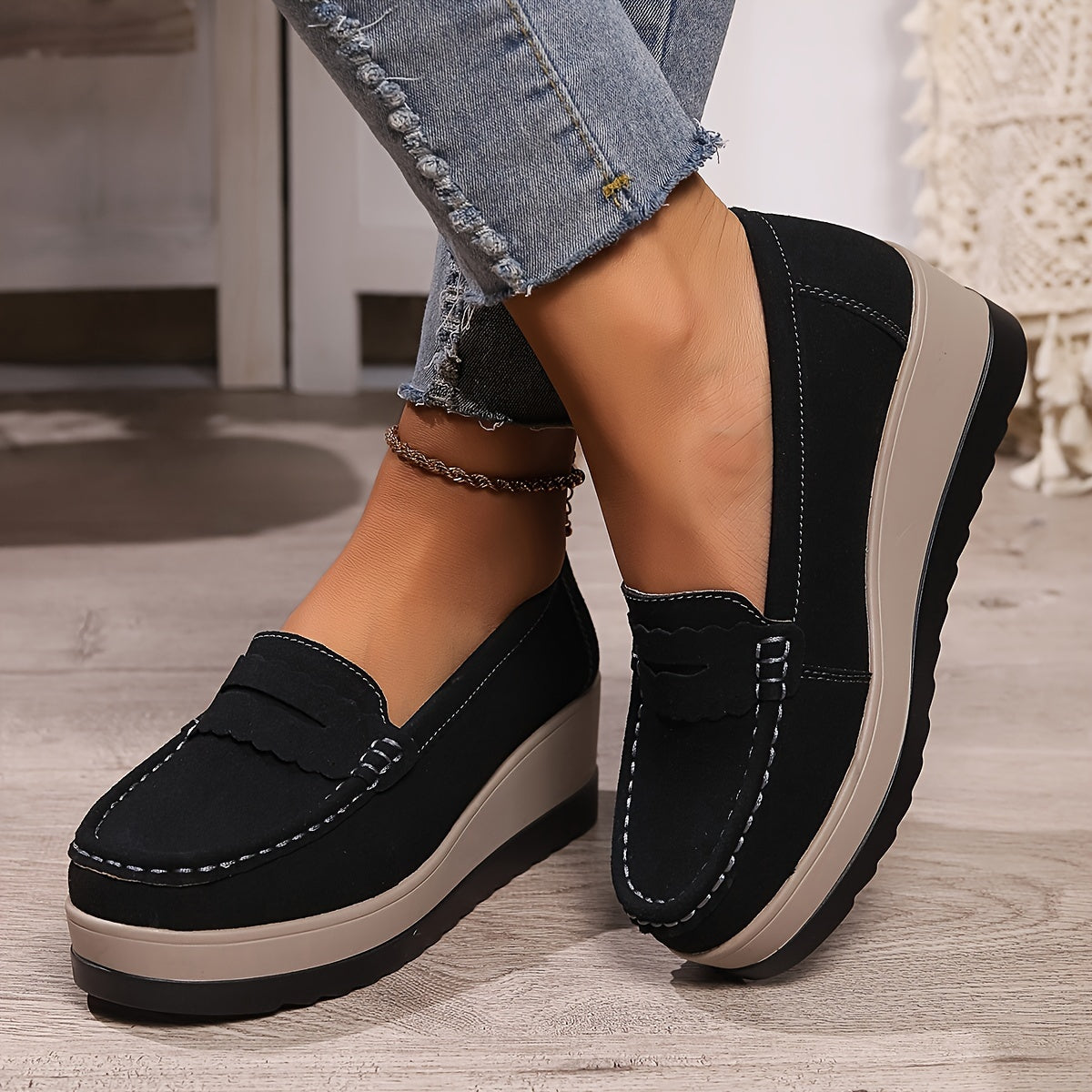 Women’s Slip-On Loafers Chunky Wedge Casual Shoes Black Beige