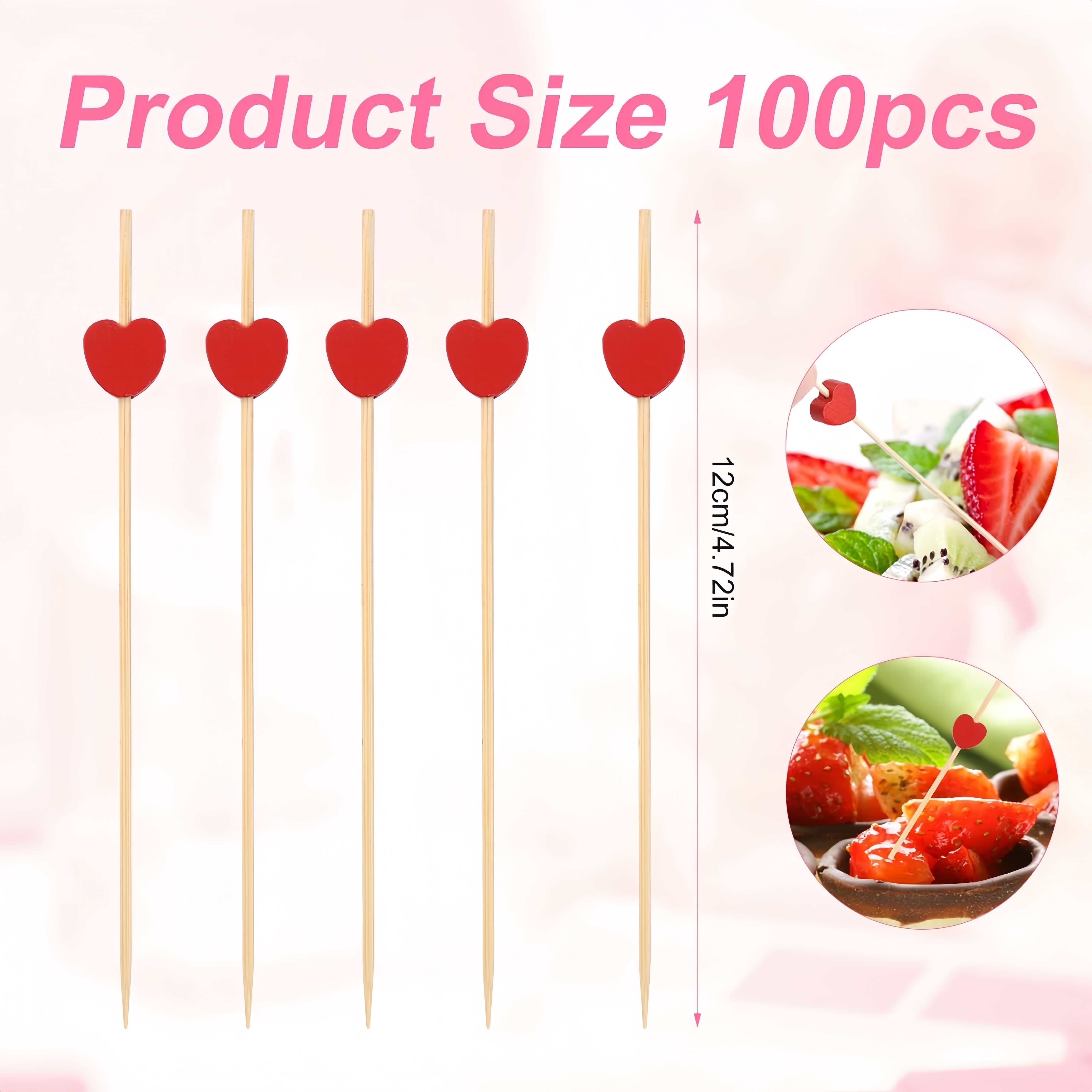 100 Pcs Red Heart Cocktail Picks Bamboo Skewers for Weddings and Parties