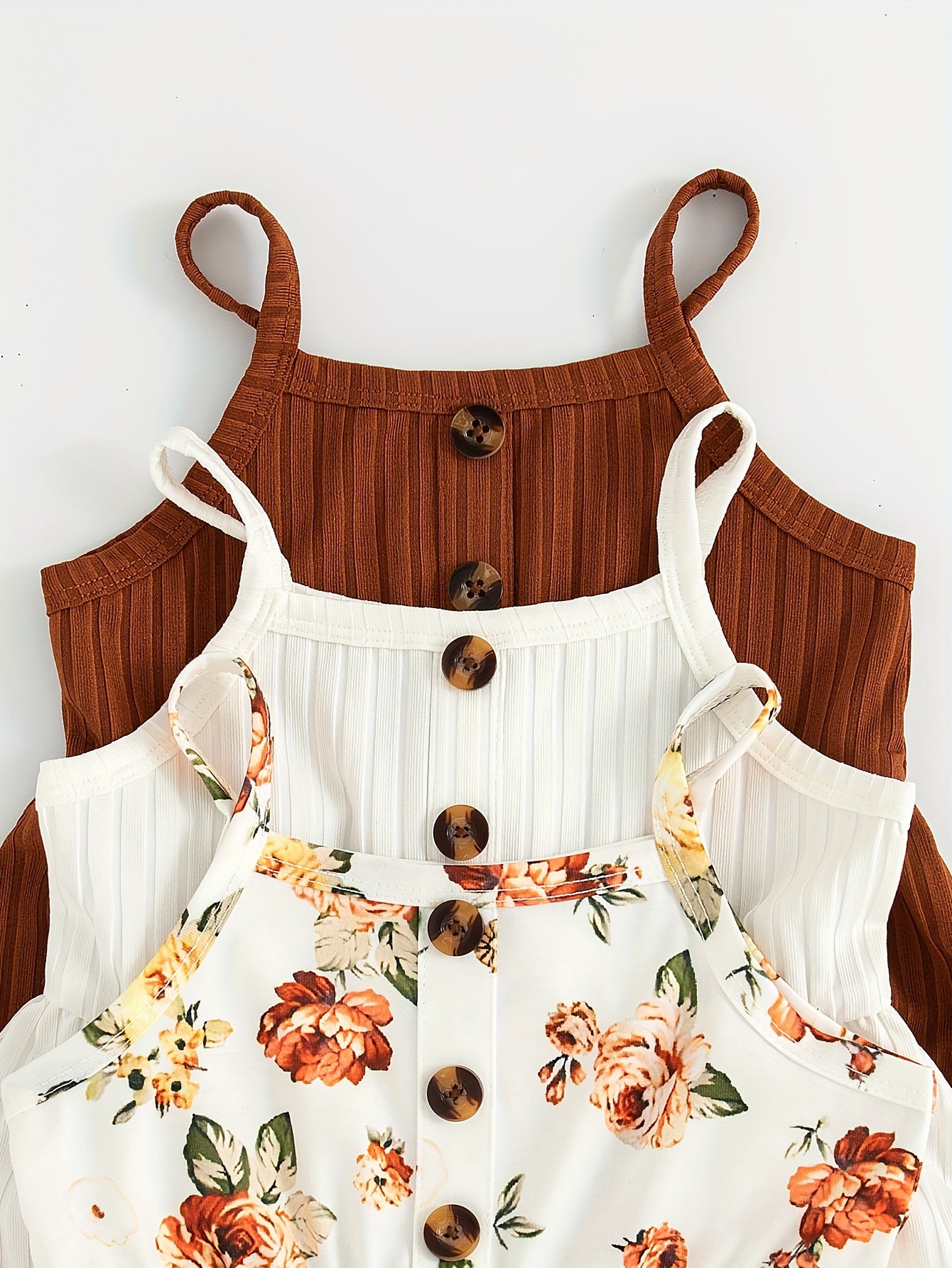 Bola va kichik qizlar uchun 3 qismli yengsiz ko'ylak to'plami, yoz/bahor uchun mukammal, gullar bosma va bir xil rangda.