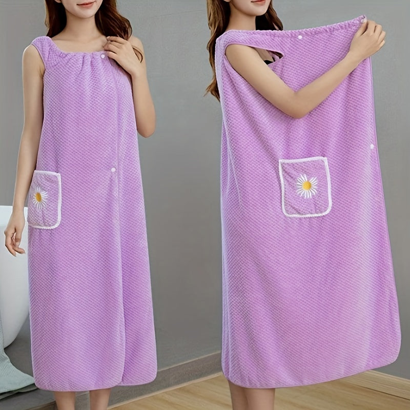 Adults' Quick-Dry Absorbent Bath Towel with Pockets and Buttons for Spa Sauna