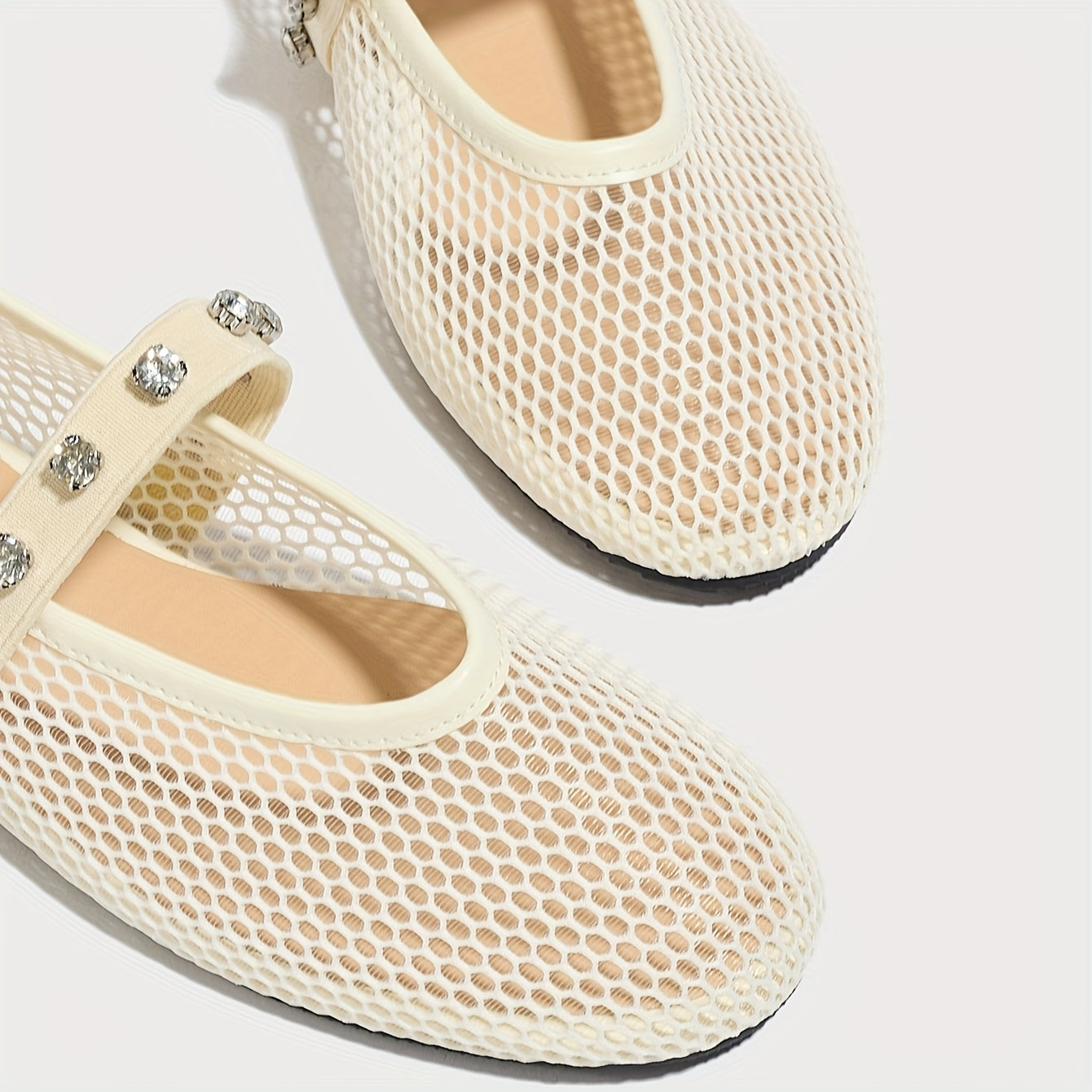 Women's Mesh Ballet Flats with Rhinestone Strap and Round Toe