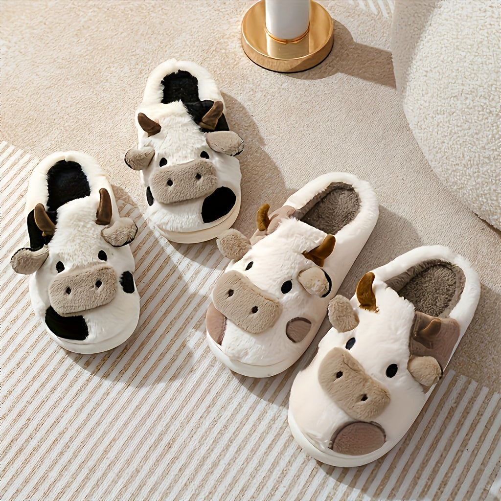 Women's Plush Cow Print Slippers Winter Comfortable Indoor Outdoor Shoes