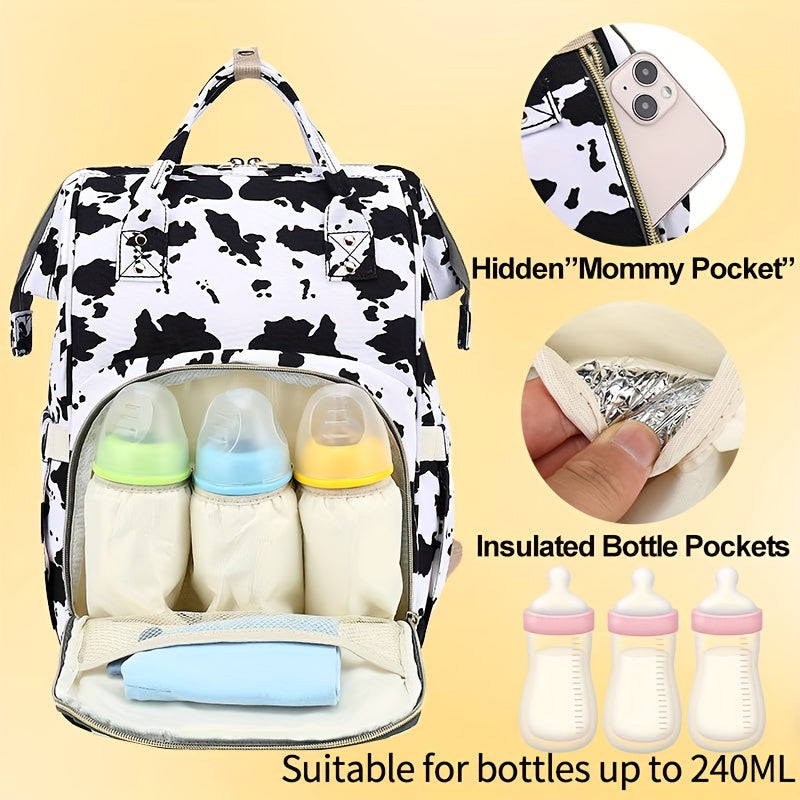 Diaper Bag Backpack with Stroller Hook for Parents Spacious Stylish Cow and Leopard Print