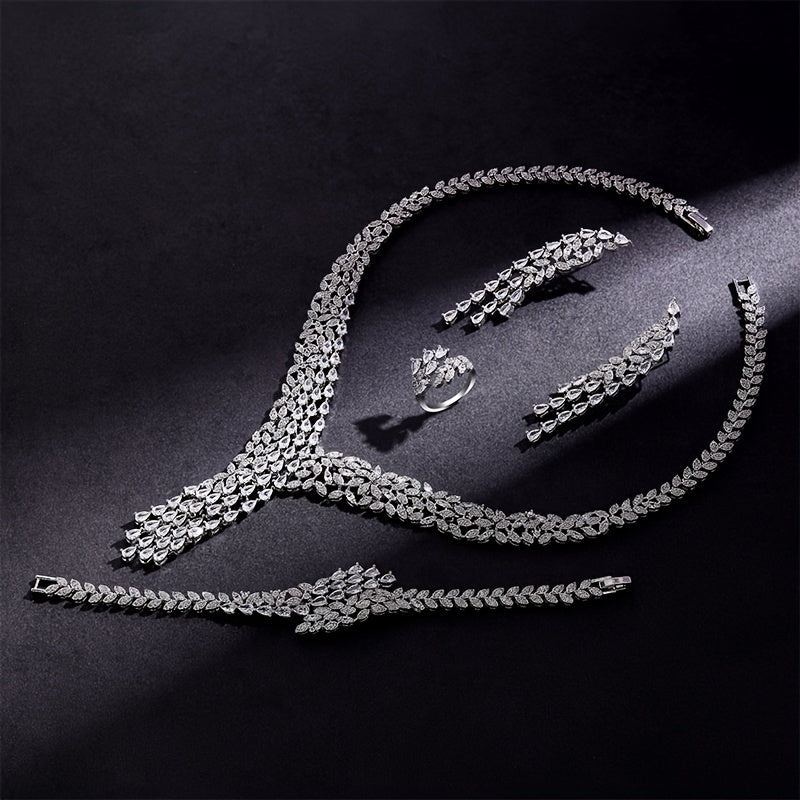 Elegant Platinum-Plated Zirconia Bridal Jewelry Set Necklace Earrings Bracelet Ring for Weddings