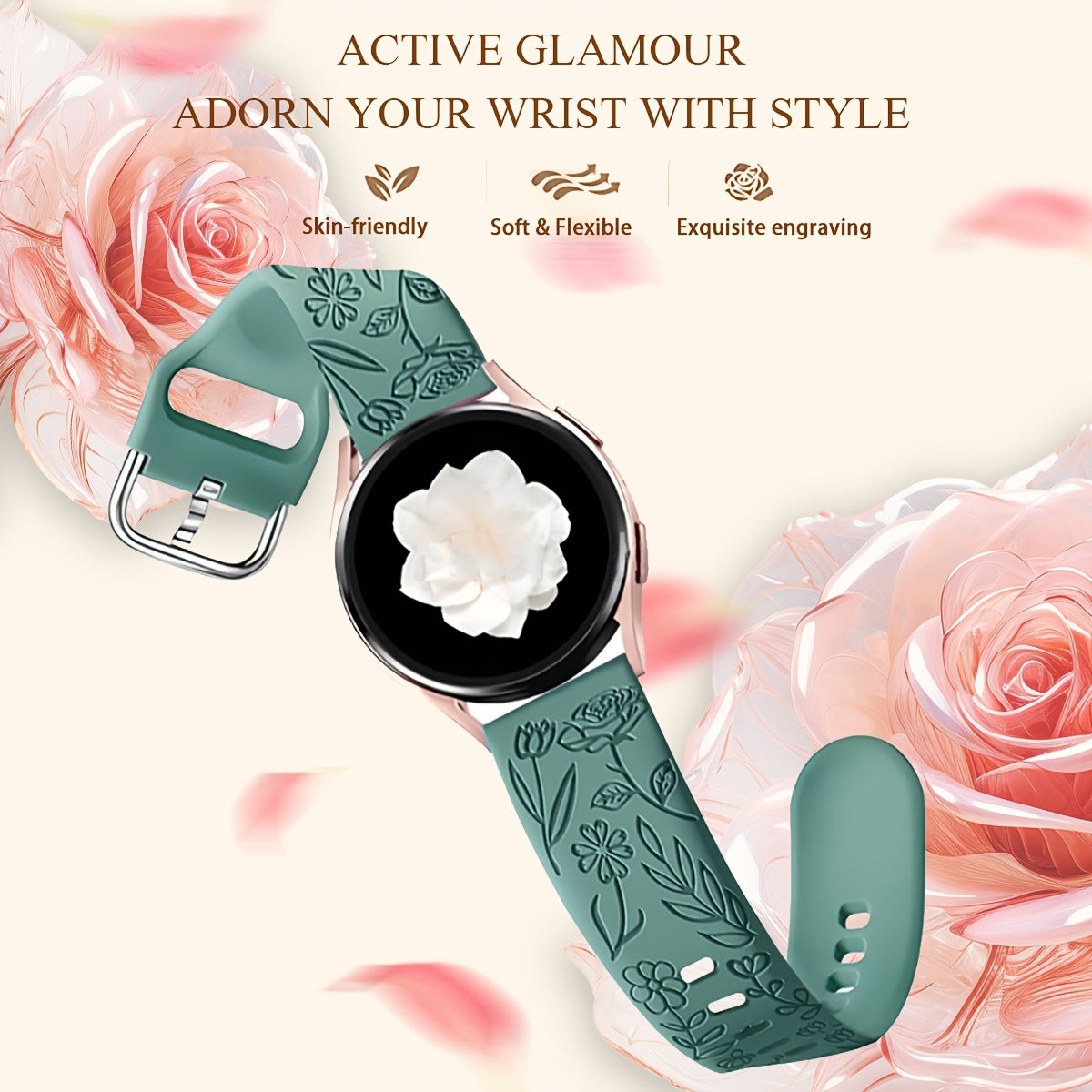 Rose Blossom Silicone Watch Strap for Samsung Galaxy Watch 7/FE 6 5 4 20mm Replacement