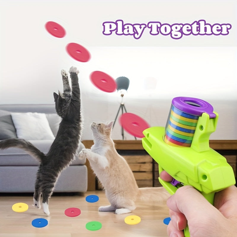 Interactive Cat Toy Launcher Gun with 50 Foam Discs Durable Plastic No Batteries