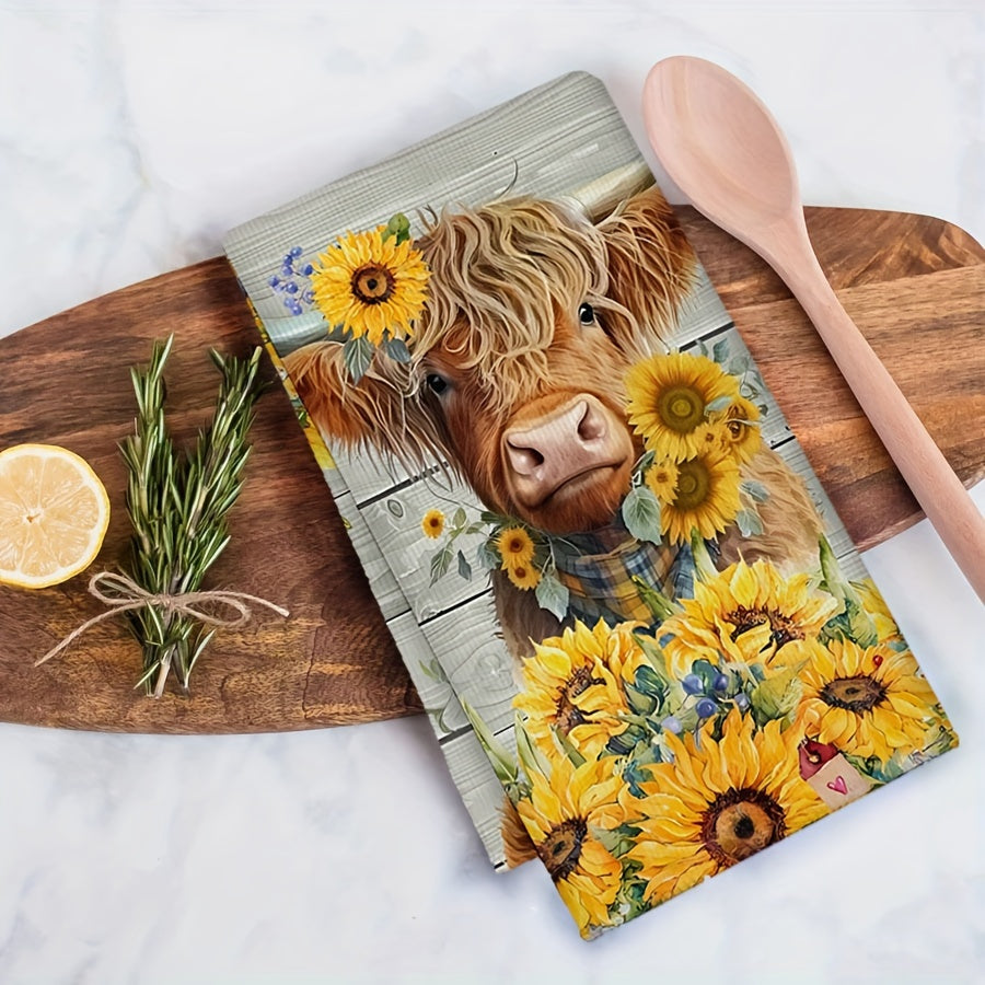 Set of Two Colorful Sunflower Cow Pattern Kitchen Towels for Farmhouse Style Kitchen or Bathroom