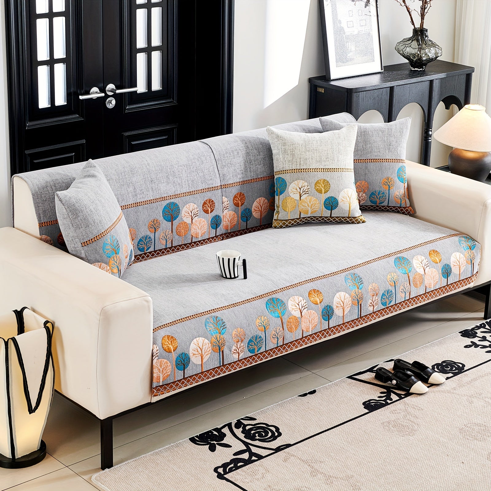 Chenille Sofa Cover with Tree Embroidery Pet-Friendly Slip-Resistant Easy to Clean Fits Various Sofa Sizes for Living Room and Home Decor