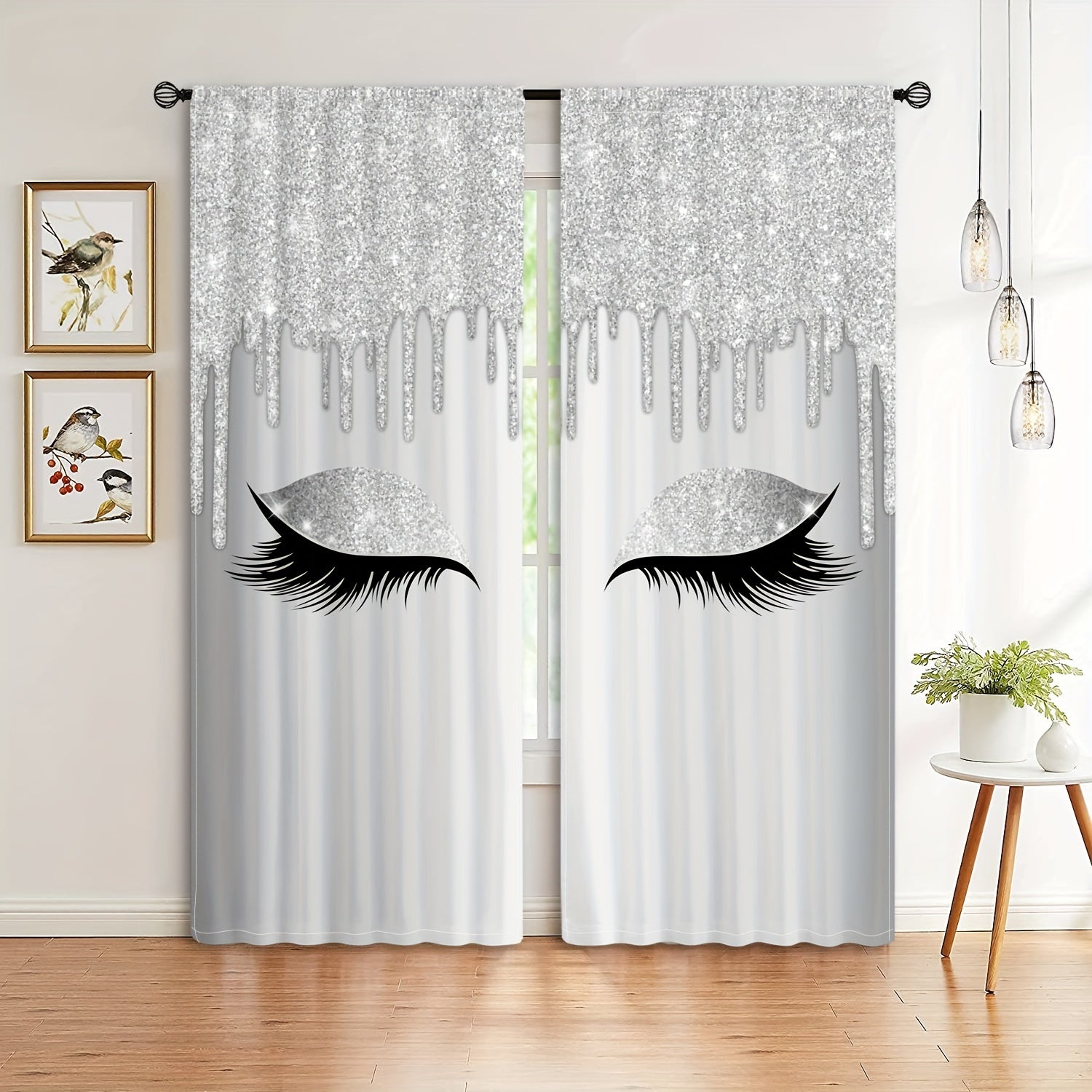 Set of Two Eyelash Printed Curtains, Rod Pocket Window Treatments for Bedroom and Living Room