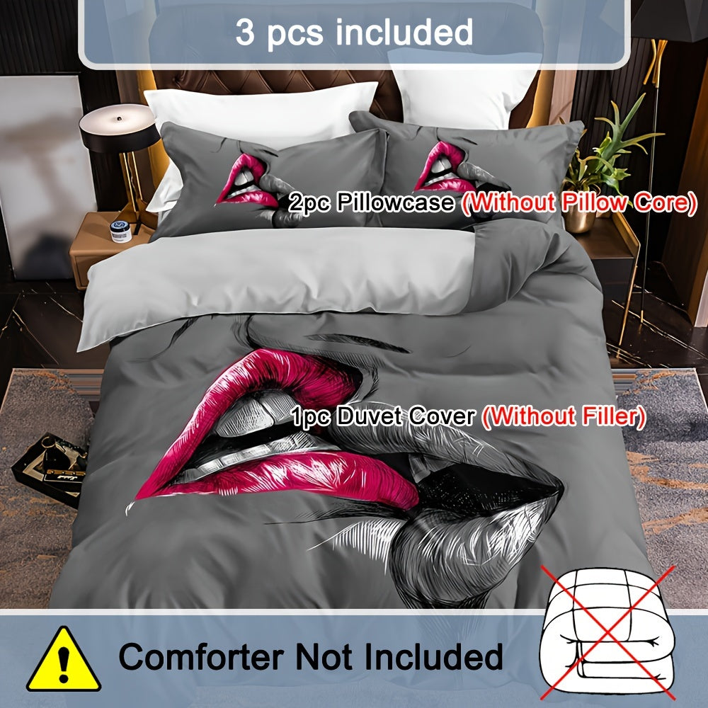 Couple Bedding Set with Crimson Lips Kissing Sketch Duvet Cover and Pillowcases