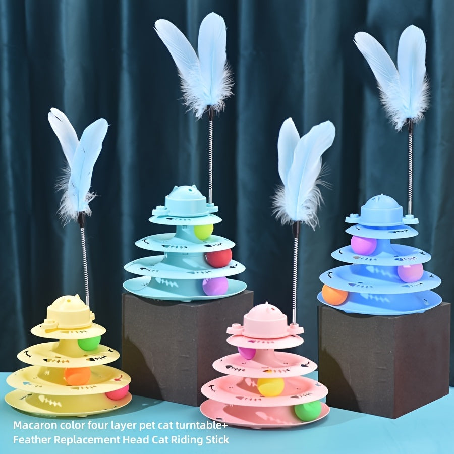 Прочный игровой комплекс для кошек включает вращающиеся шарики, 4-уровневую дорожку, перьевую игрушку и неэлектрический дизайн.