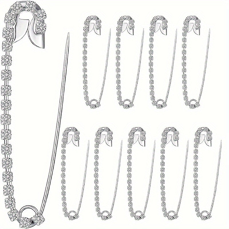 Set of 5 Silver Tone Alloy Safety Pins with Rhinestones, Irregular Shapes for Crafts and Clothing