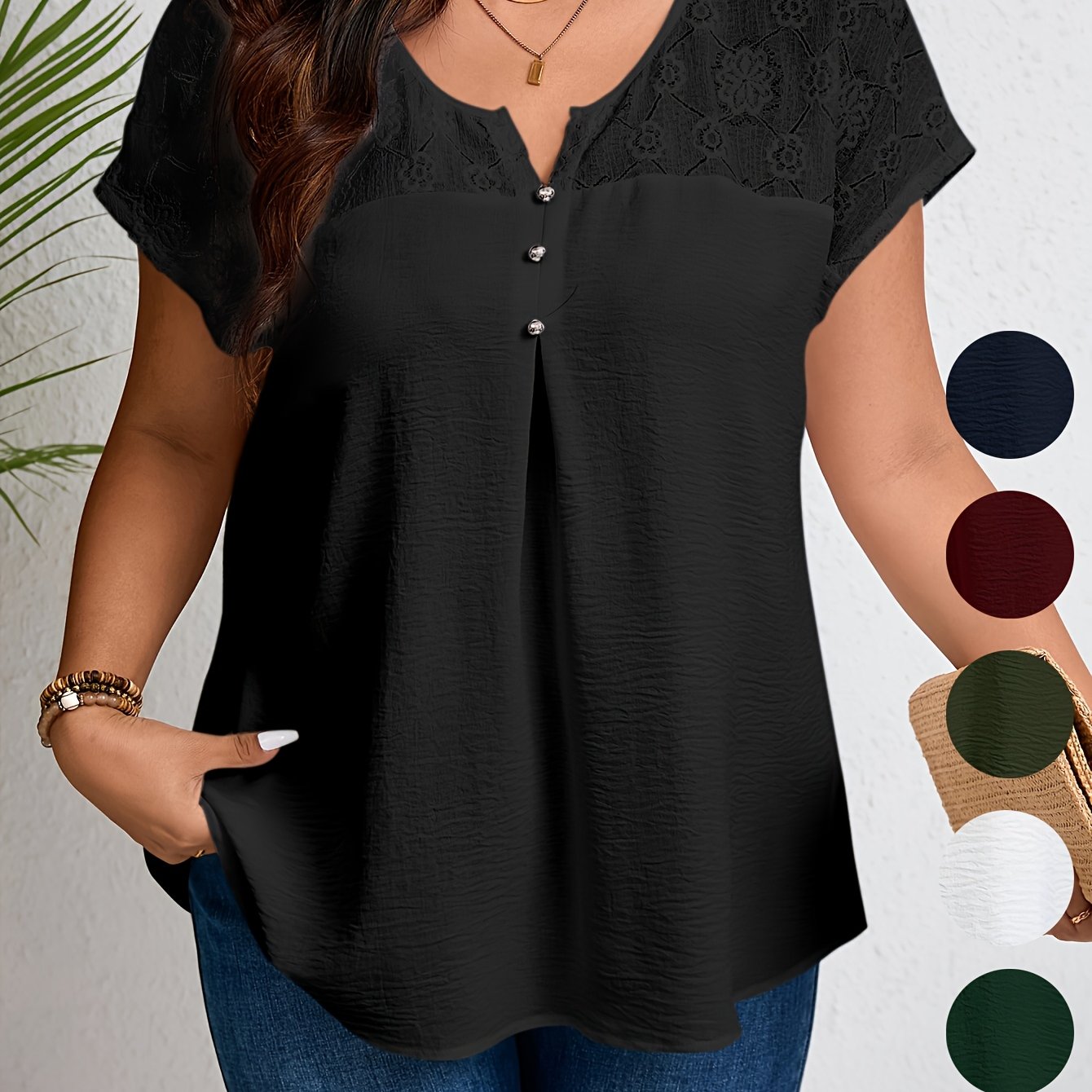 Plus Size Casual V-Neck Short Sleeve Top with Mesh Paneling for Outings