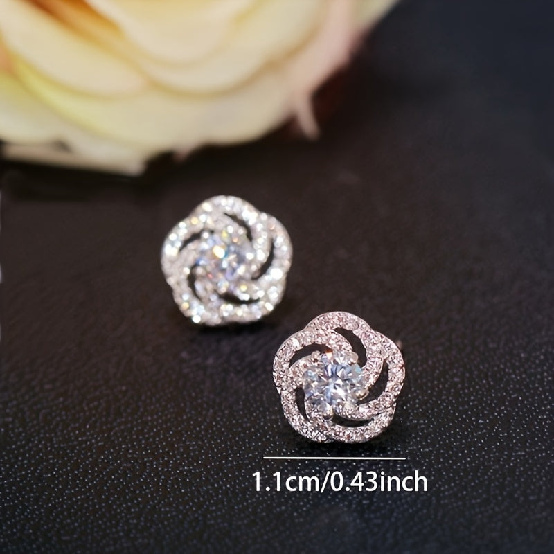 Sterling Silver Rose-Shaped Zirconia Stud Earrings for Women