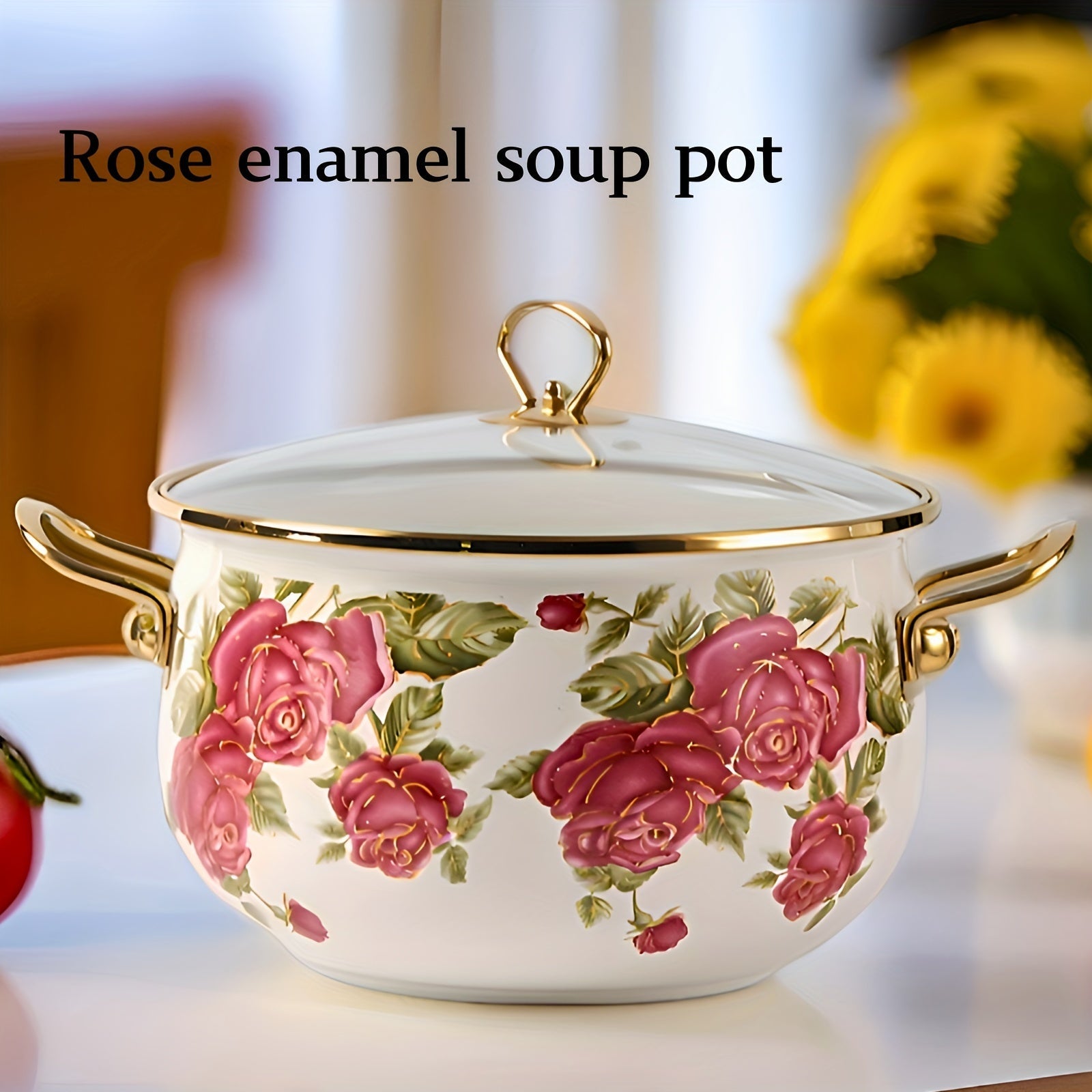 Stockpot with Gold Handle and Rose Flower Enamel Design, Includes Glass Lid, Multiple Sizes
