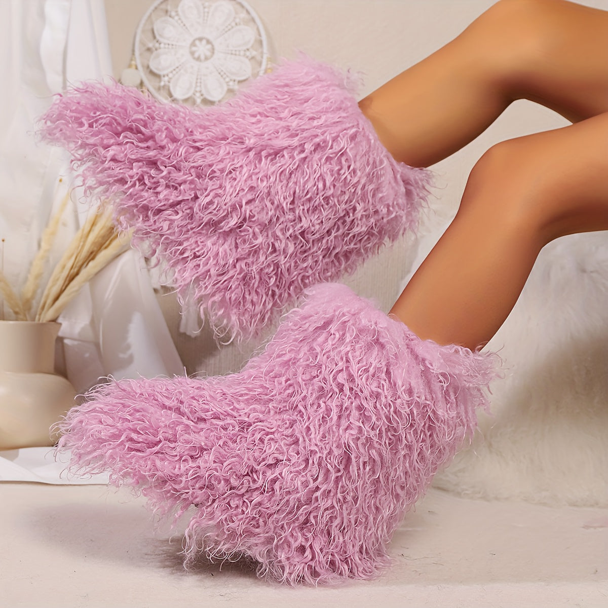 Women's Faux Fur Winter Boots Pull-On Soft Sole Non-Slip Snow Shoes