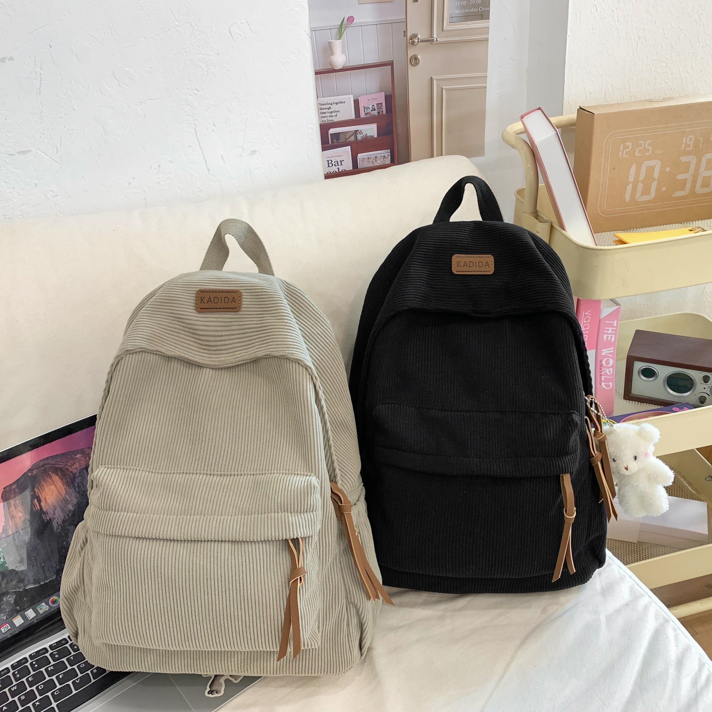 Women's Large Capacity Corduroy Backpack with Bear Pendant for School