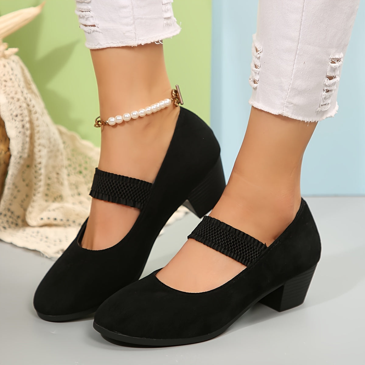 Women's Plus Size Chunky Heel Pumps Black Slip-On Comfort Shoes