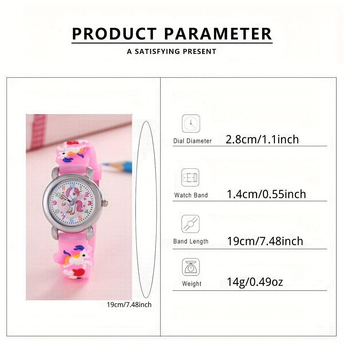 Kids' White Cartoon Wrist Watch for Girls and Boys 3-14 PVC Strap Quartz Non-Waterproof