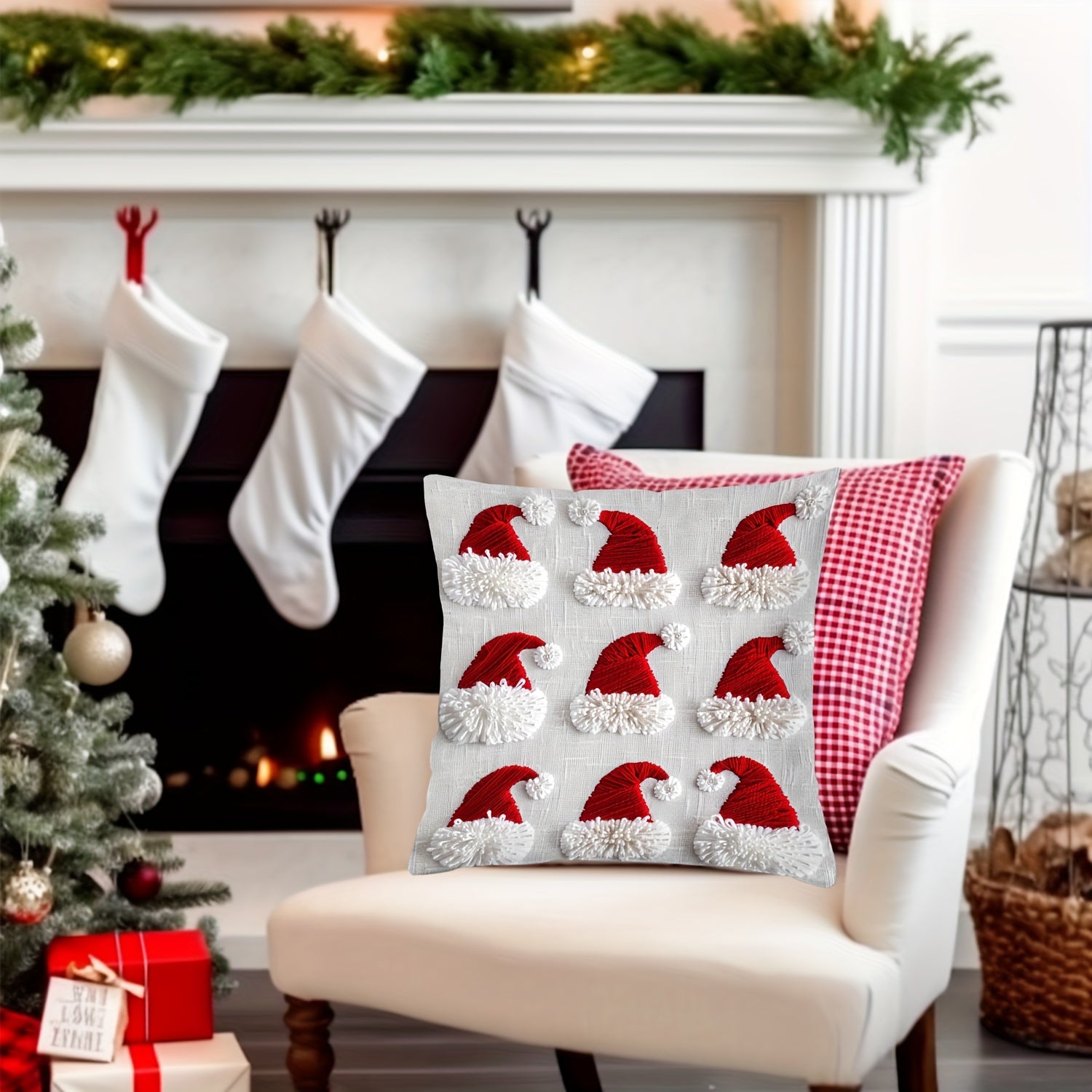 Christmas Santa Hat Throw Cushion Cover 44.96x44.96 cm Polyester Zipper Closure Single Sided