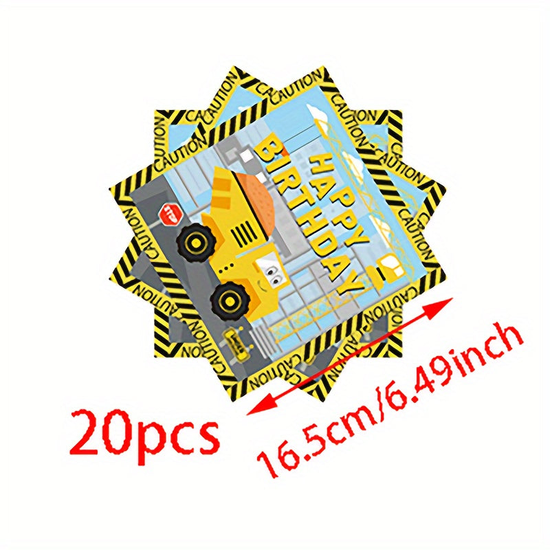 Набор для празднования дня рождения строительной самосвальной машины включает одноразовые тарелки, стаканы, салфетки для детского праздника