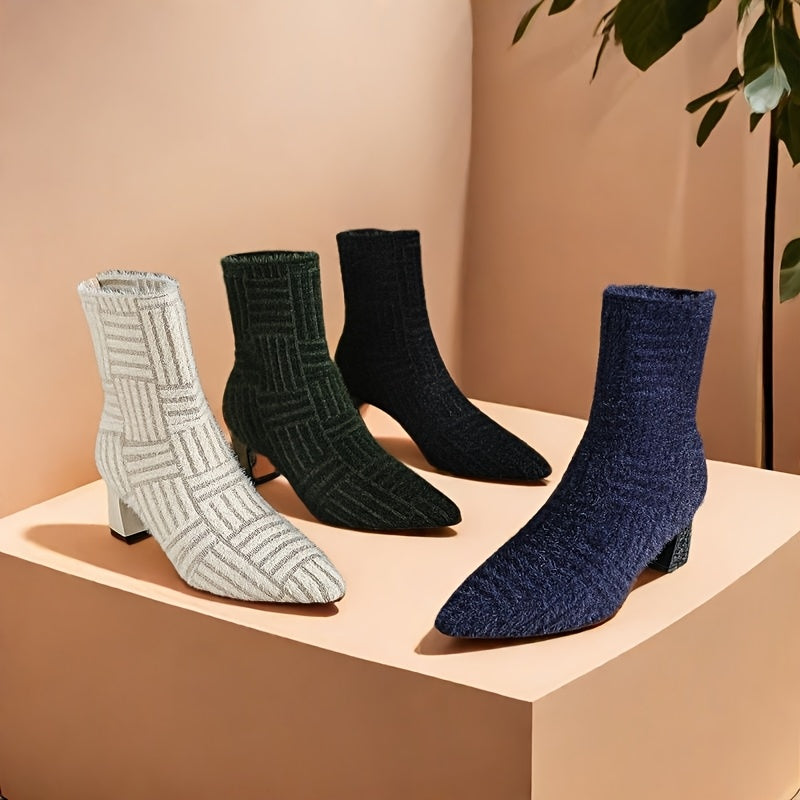 Women's Ankle Boots Knit Fabric Block Heel Slip-On Casual Styles