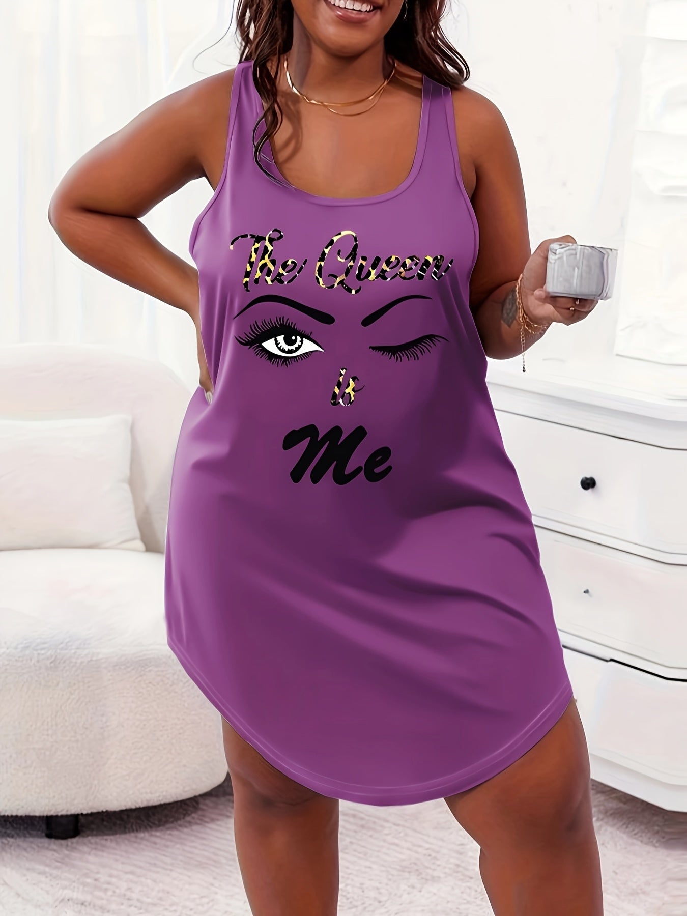 Plus Size Sleeveless Letter Print Tank Dress Casual Nightwear Purple
