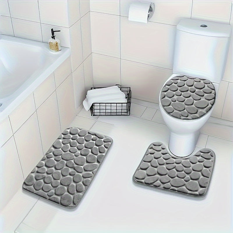 Set of 3 Geometric Bath Rugs with Memory Foam Non-Slip Bathroom Mats