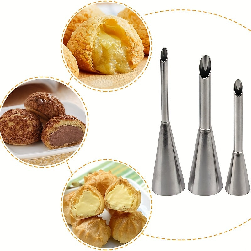 Stainless Steel Cream Puff Nozzle Set 3 Piping Tips Pastry Decorating Tools