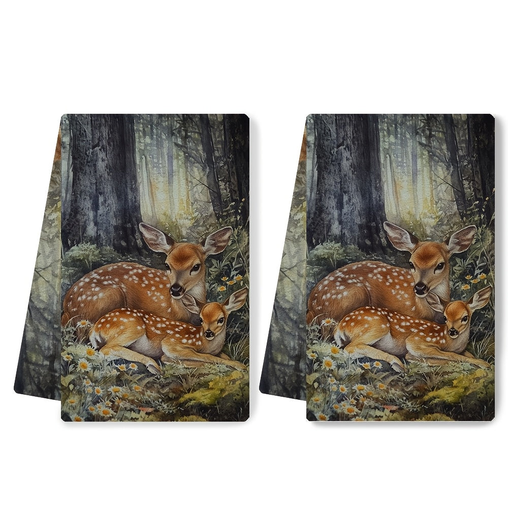 Set of 2 Coastal Style Kitchen Towels, Deer Design, Super Absorbent, 16x24 Inches