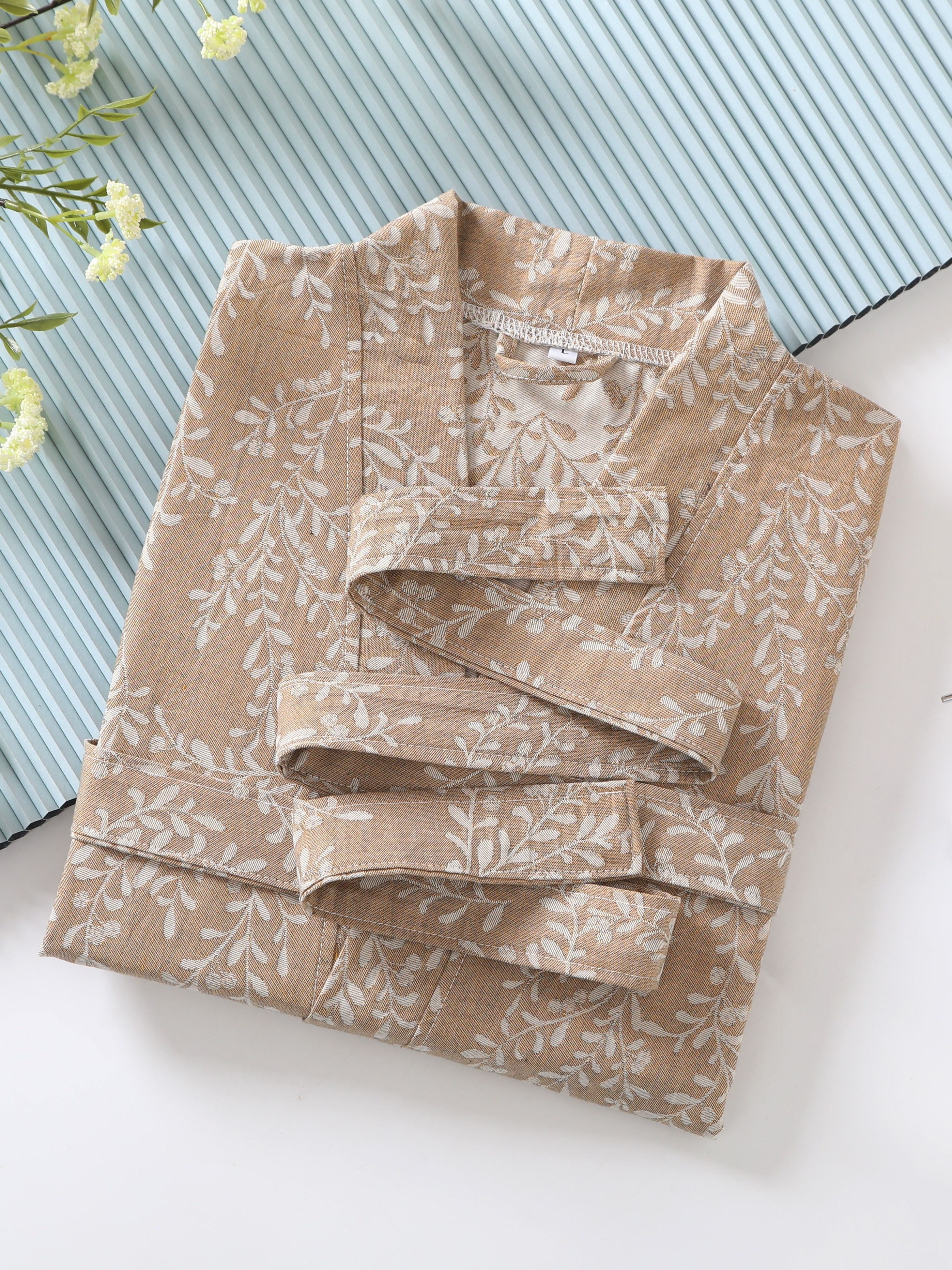 bata de baño de algodón jacquard para mujer con patrón floral, de secado rápido, manga larga, escote en V, con cinturón, beige