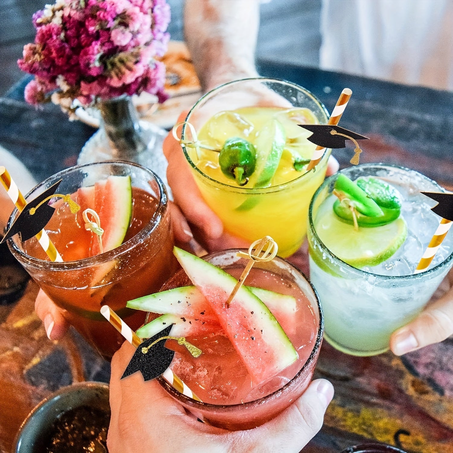 12 Graduation Cap Paper Straws with Gold Foil Accents for Parties