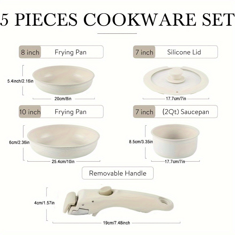 Set of 5 Aluminum Non-Stick Cookware Pots Pans with Detachable Handle
