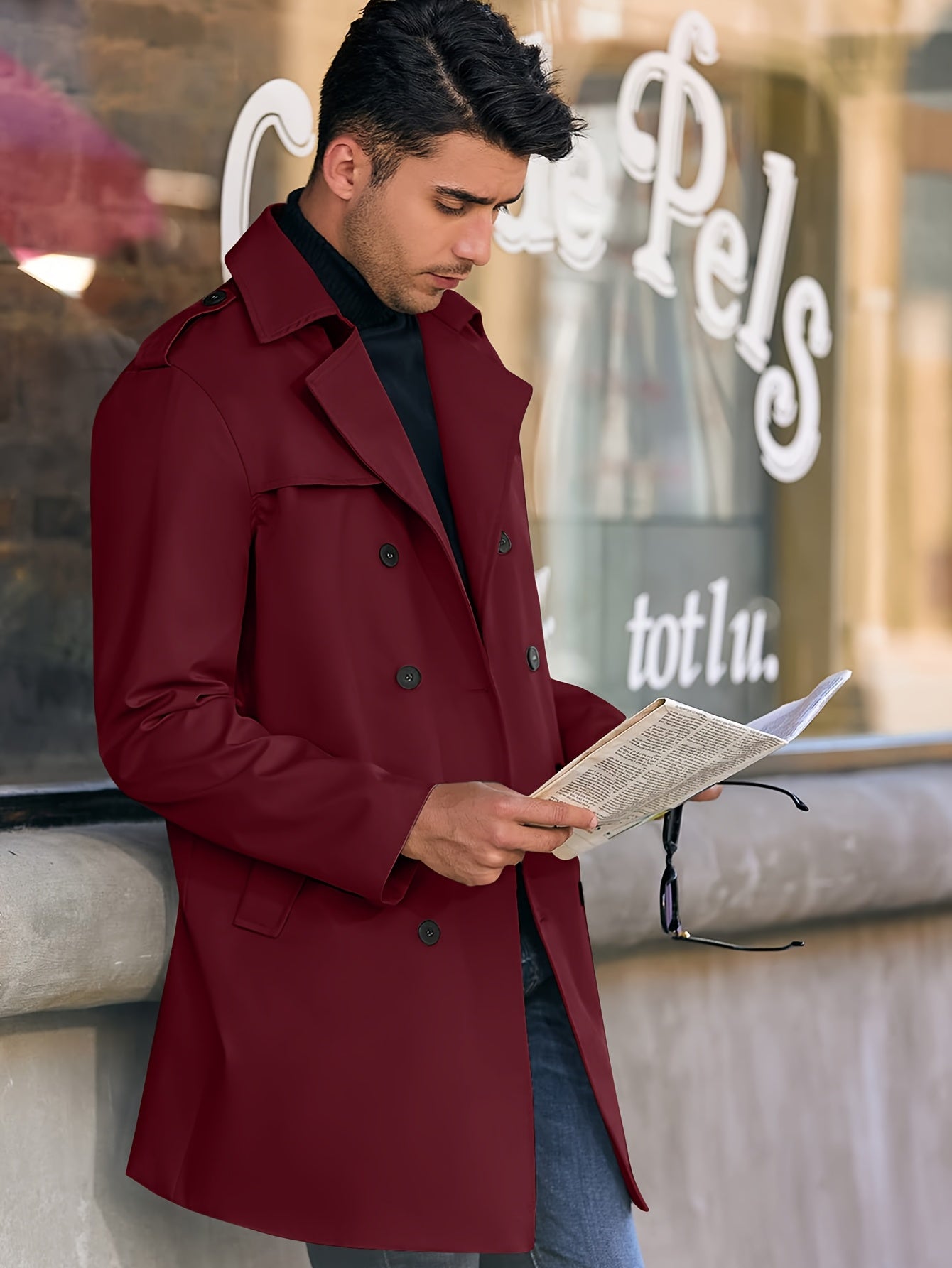 Erkaklar uchun Plus o'lchamli trenc coat, kundalik, bir rangli, kuz bahor, ikki tomonlama yengli, yelkanli