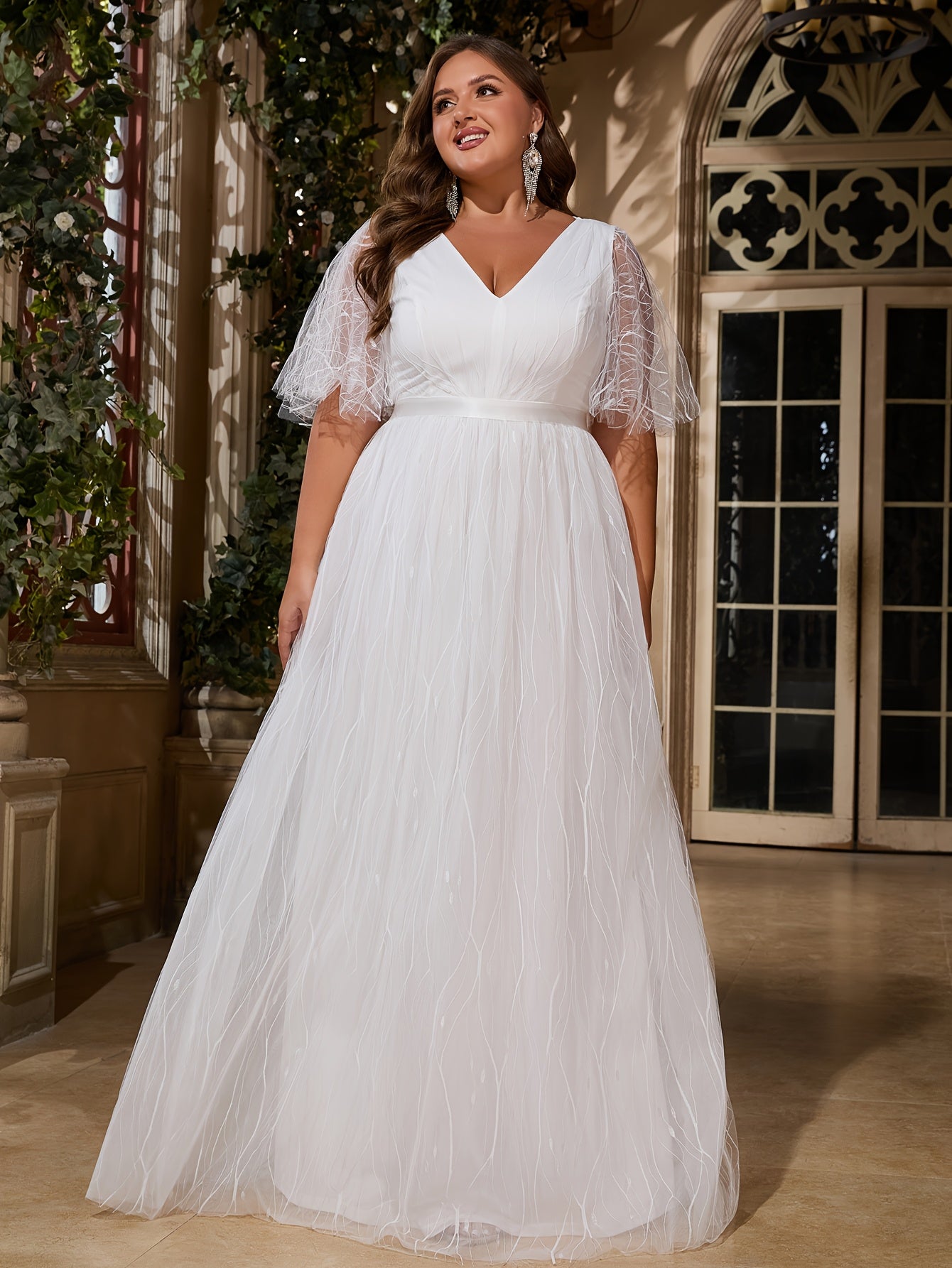 Plus Size Women's V-Neck Ruffle Sleeve Mesh Overlay Wedding Dress Maxi Skirt Formal Evening Wear