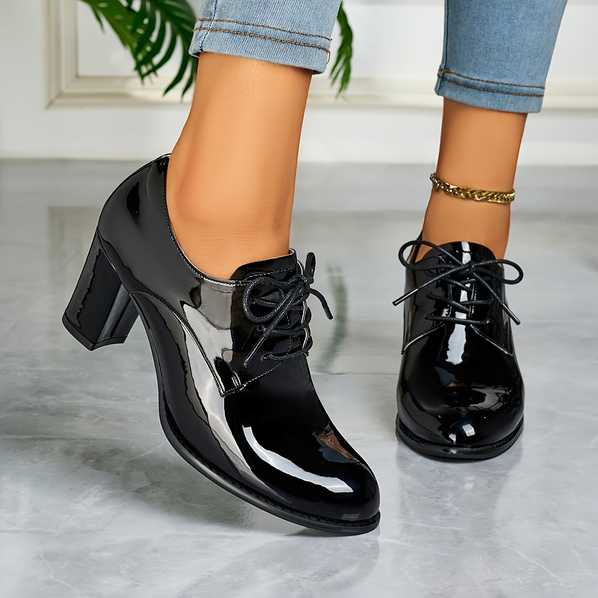 Women's Glossy Oxford Shoes Lace-Up Block Heels Formal Casual Non-Slip Rubber Sole