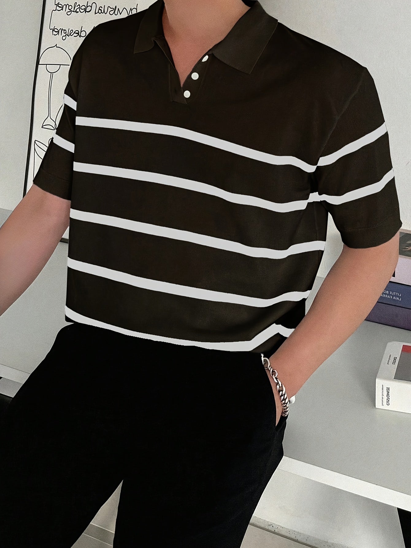 Camisa de punto casual de rayas para hombre, manga corta, ligera, verano, mezcla de viscosa y poliéster, blanco y negro