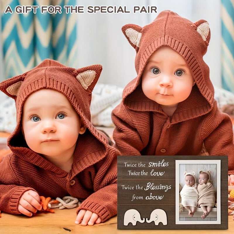 Twin Wooden Photo Frame with Elephant Design for Twins Keepsake