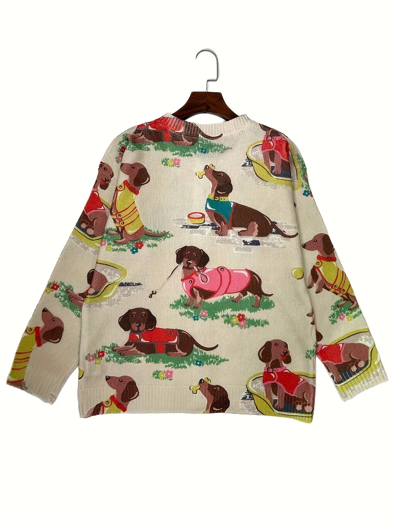 Suéter de punto casual para mujer con estampado 3D de perro salchicha