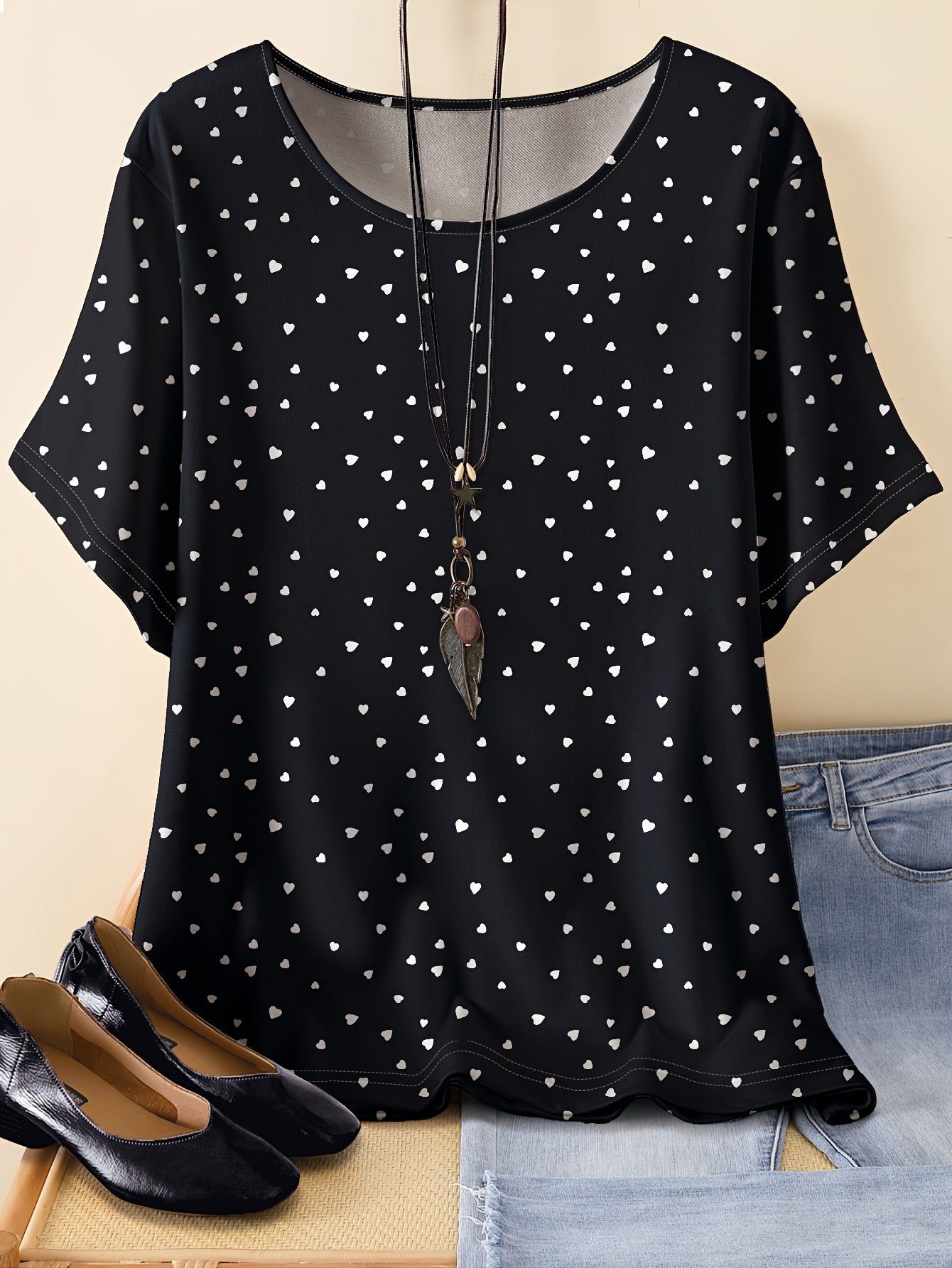 Plus Size Heart Print Casual T-Shirt for Women Polyester All Over Print