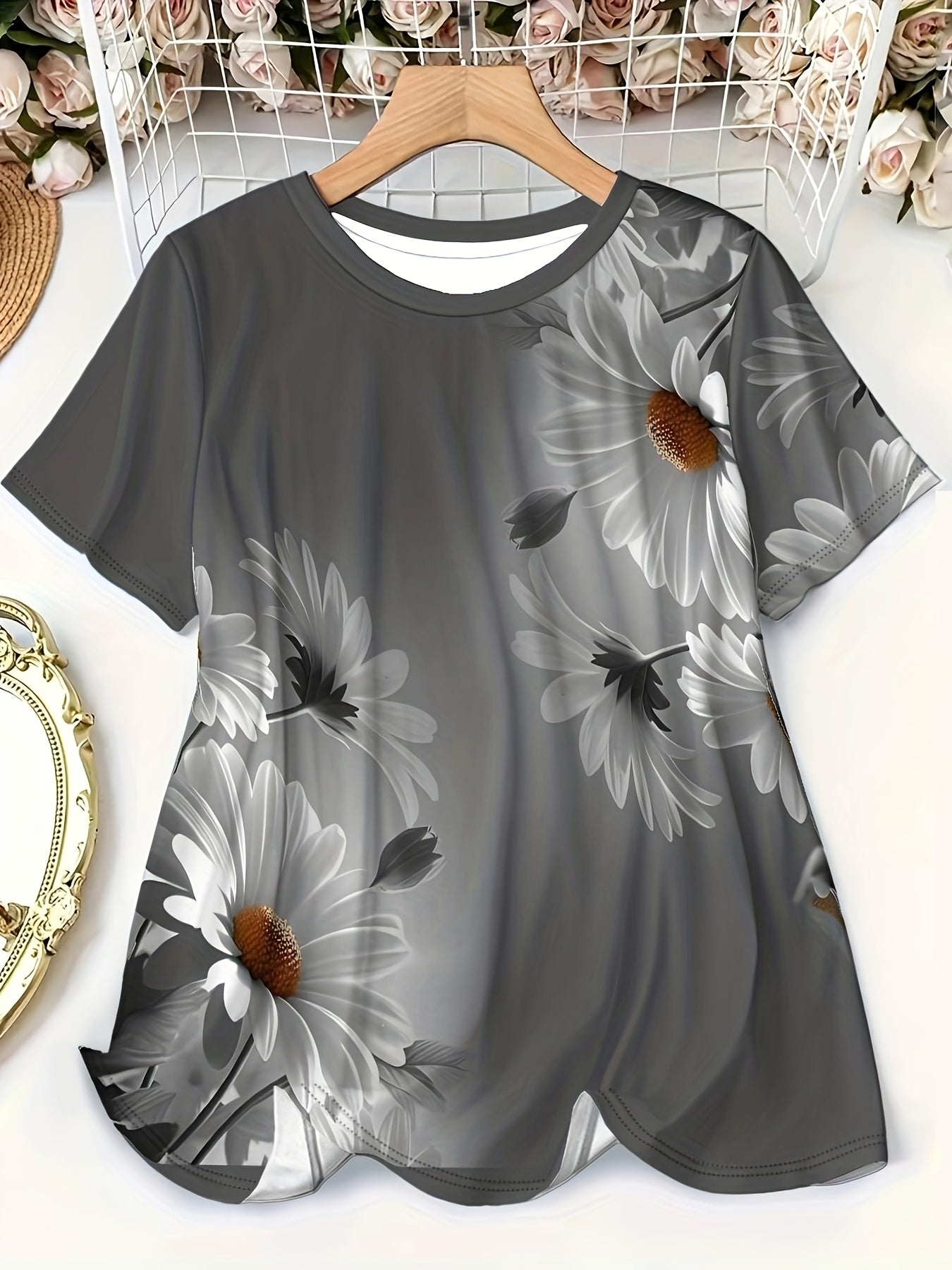 Women’s Plus Size Short Sleeve T-Shirt Polyester Spandex Floral Print